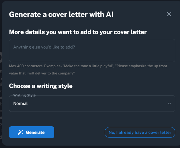 AI cover letter generation option