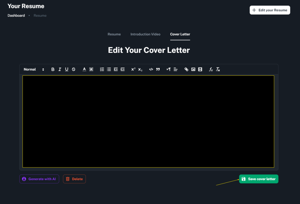 Cover letter editor view