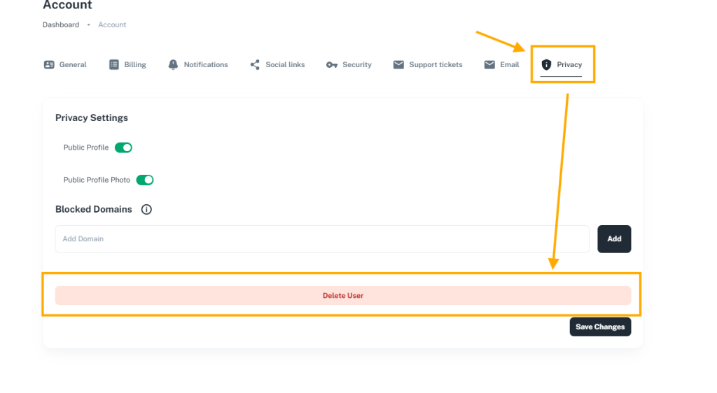 Privacy tab with Delete Account button