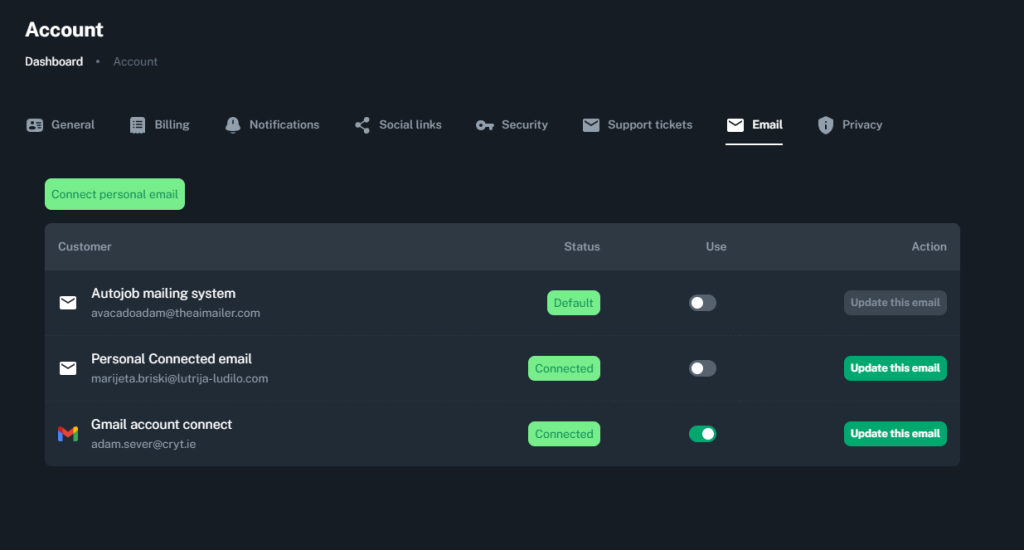 AutoJob email settings page